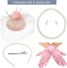 Ibeauti Fascinator Hats With Screentouch Lace Gloves Set Women Tea Party Cocktail Wedding Derby Headwear Short Gloves - 01 Light Pink - 查看 3
