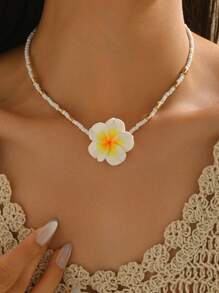 1 pieza Collar de cerámica con flor de estilo vacacional de playa, collar de gargantilla hecho a mano con cuentas estilo bohemio