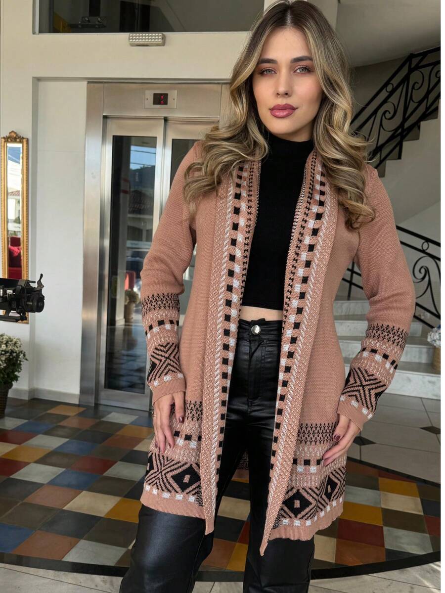 Women's Checkered Kimono Cardigan Teddy Coat Long Sleeve Open Front Elegant Striped Argyle Cute Boho Casual Chic Sexy Wool-Like Fabric Textured Daily Airport Wear Birthday Party Formal & Evening Holiday - 老玫瑰 - 查看 1