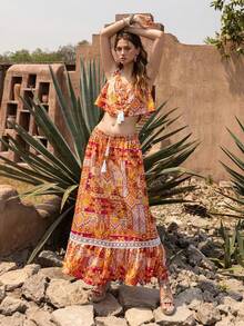 Faeriesty BohoBloom 女士波西米亚风两件套：露脐吊带上衣和飘逸长裙 - 前系带设计 - 非常适合海滩度假、休闲外出、周末短途旅行、公园野餐和夏季假日探险 - 橘色 - 查看 7