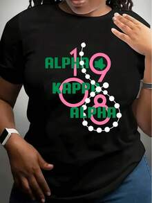 Plus Size Women J15 AKA 1908 Black Crewneck T-Shirt Pink Green Geometric Letter Print Soft Stretchy Breathable Fabric True To Fit For Casual Workout Beach Casual Attire Workout Apparel Style Versatile Top Comfortable Fit Shirt Size L-3XL 4XL 5XL - màu đen - Xem 1