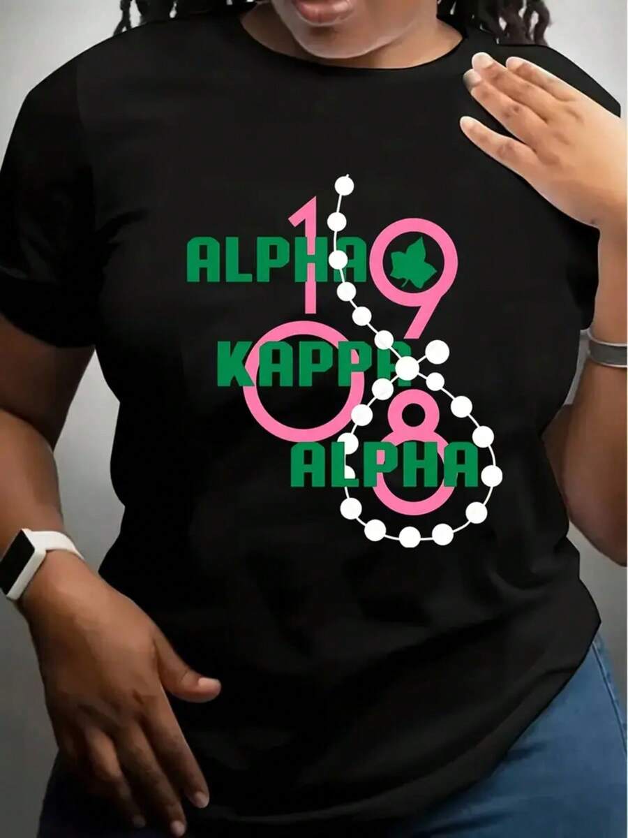 Plus Size Women J15 AKA 1908 Black Crewneck T-Shirt Pink Green Geometric Letter Print Soft Stretchy Breathable Fabric True To Fit For Casual Workout Beach Casual Attire Workout Apparel Style Versatile Top Comfortable Fit Shirt Size L-3XL 4XL 5XL - màu đen - Xem 1