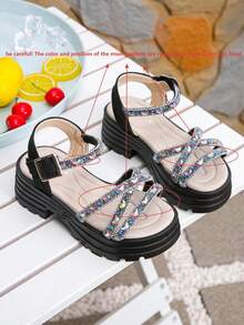 Girls' Fashionable Glitter Bow Design Thick Sole High Heel Open Toe Sandals, Butterfly Pattern Randomly Distributed - Black - View 3