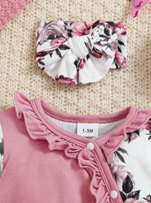 Baby Girl 3pcs Set: Floral Allover Print Jumpsuit With Ruffled Collar, Crown Letter Print, With Hat And Headband, Autumn/Winter, Pink - Pink - View 4