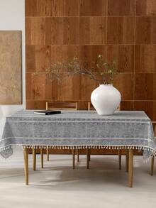 1 pieza Mantel de estilo country americano retro elegante con cuadros grises y calado, rectangular con rayas bordadas y borlas, uso múltiple, adecuado para fiestas festivas, cumpleaños, banquetes, hoteles, hogar, decoración de dormitorio - Gris Oscuro - Ver 5