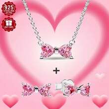 3 Pieces Pink Love Necklace Bow Earrings Sterling Silver Shining Zirconia Earrings - Butterfly - View 10