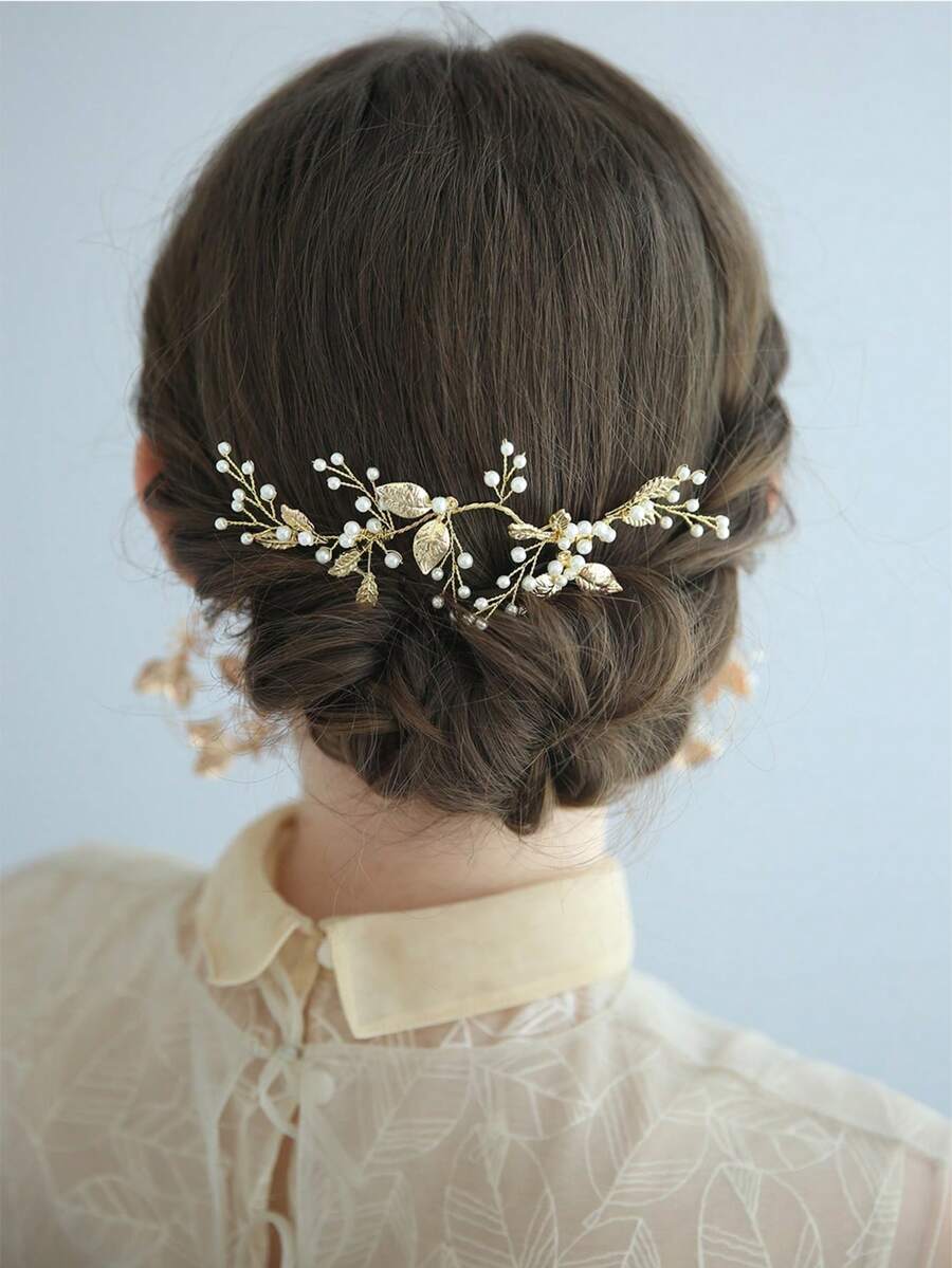 1pc Women Faux Pearl & Leaf Decor Fashion Bride Hair Comb For Wedding Party Elegant Tiaras Valentine's Day Accessories - Gold - View 1