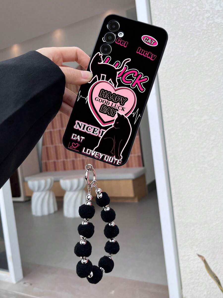 1pc Black TPU Cute Edgy Girl Butterfly & Cat Printed Shockproof Protective Phone Case And 1pc Black Furball Lanyard Compatible With IPhone Phone Cases / Matching Phone Cases / Kickstand Phone Cases / Fun Phone Cases / Android Phone Cases / Phone Cases / Phone Cases / OPPO Phone Cases / Compatible With IPhone 16 Pro Max / A14 Phone Cases - Multicolor - View 1