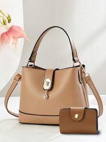 Set Of Women's Small Handbag, Fashion Shoulder Bag, Patchwork Color Bucket Bag - Beige - View 8