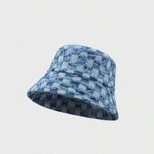 1pc New Arrival Fashionable Minimalist Checkerboard Pattern Wide Brim Camping Fishing Sun Hat, Stylish Korean Chic All-Season Casual Versatile Bucket Hat, Blue - Multicolor - View 11