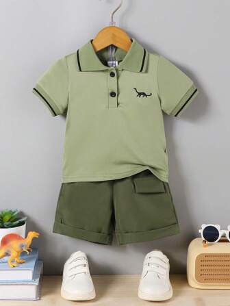 Boys Dinosaur Print Polo Collar Short Sleeve Top + Fake Pocket Shorts Set, Summer