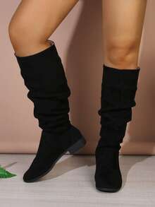 New Women Plus Size Suede Solid Color Fashion Knee-High Boots, Stylish Square Toe Flat Western Boots, Fashionable Single-Lined Pleated Boots For All Seasons, Versatile Slip-On Wrinkled Comfortable Boots, Soft Sole Solid Color Plus Size Slimming Classic Slouch Boots