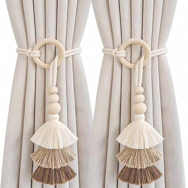 1/2 Peças Tira de Cortina Artesanal com Borlas e Contas de Madeira - Tira de Fivela de Cortina Estilo Boho, Usada para Decoração Doméstica
