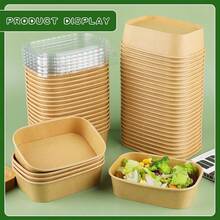 500毫升/17盎司一次性牛皮纸碗带盖，长方形食品容器汤碗派对用品零食碗 10/25/50个