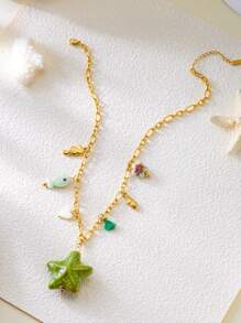 1pc 18K Gold Plated Stainless Steel Green Starfish, Seahorse, Fish Pendant Necklace, Fashionable For Beach/Ocean