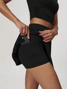 Women's High Waist Pleated Skirt With Built-In Shorts And Stretch Waistband - 黑色 - 查看 2