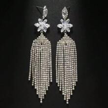 1 Pair Crystal Teardrop & Floral Tassel Dangle Earrings