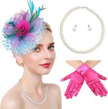 Ibeauti Fascinator Hats With Screentouch Lace Gloves Set Women Tea Party Cocktail Wedding Derby Headwear Short Gloves - 02 綠色/亮粉色 - 查看 1