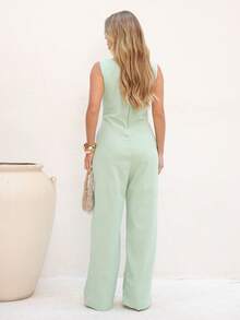Elegant Linen Pantaloon Jumpsuit Wide Legs And Discreet Pockets - Water Green - View 2
