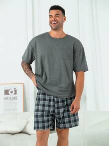 2pcs/Set Oversized Men's Casual Loose Pocket Round Neck Short Sleeve Plaid Shorts Pajama Set, For Spring/Summer Loungewear