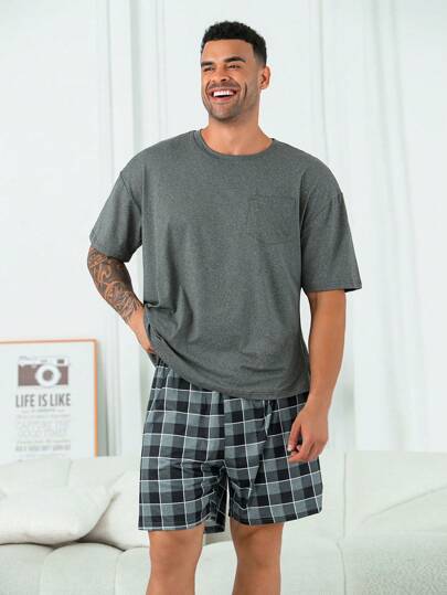 2pcs/Set Oversized Men's Casual Loose Pocket Round Neck Short Sleeve Plaid Shorts Pajama Set, For Spring/Summer Loungewear