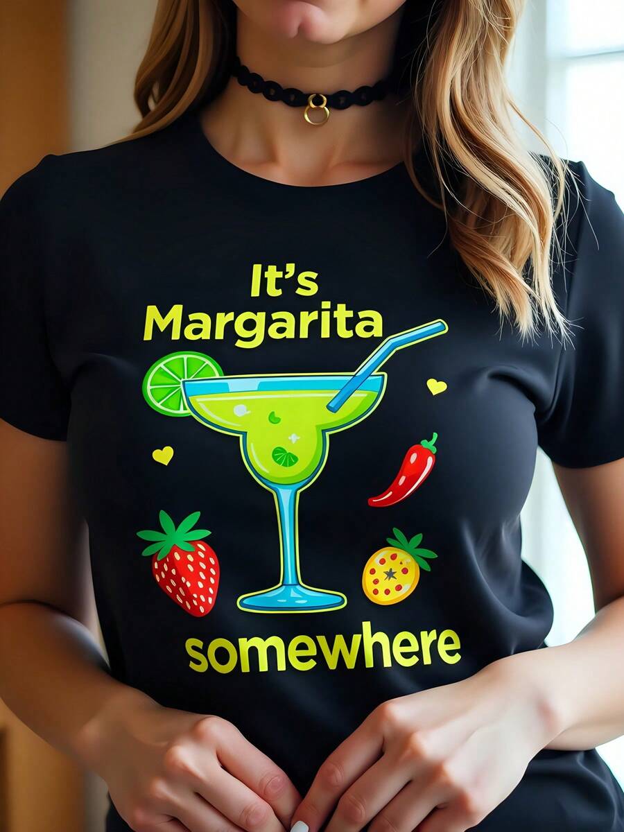 Camiseta estampada de algodón negro 180g cuello redondo manga corta It's Margarita somewhere estilo verano para mujer con diseño de cóctel fruta tropical divertida casual fiesta playera - Negro - Ver 1