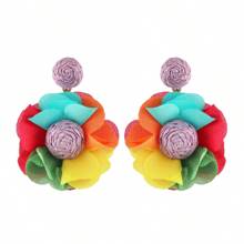1 Paar raffia geflochten große Blumen Ohrringe, bunter Boho-Stil weiße Quasten Accessoires für Party, Reise, Strand