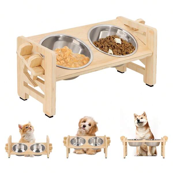 Supporto regolabile rialzato per ciotole di gatti con 2 ciotole in acciaio inossidabile, ciotola e dispenser d'acqua rialzati e inclinati per animali domestici, base antiscivolo, adatto per cani di piccola taglia e gatti adulti