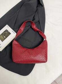1 pieza Bolso bandolera de mujer de color borgoña sólido con textura tejida vintage de PU