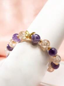 2 Pcs/Set Ring & Bracelet, Adjustable Ring For Women, High Quality Natural Purple Crystals Bracelets With Golden Butterfly Pendant, 10mm Beads Jewelrys For Travel Wear By Women, Best Friend Gift