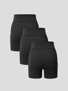 3pcs Teen Girls' Solid Color Elastic Waist Pocket Shorts, Suitable For Cycling, Running, Sports, Back To School (YY898)