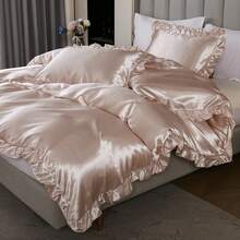 300 Thread Count Satin Duvet Cover Set Ruffled Duvet Cover Set Silk Like Satin Bedding Set Solid Color Bedding Sets Silky Ruffled Duvet Cover Set Luxury Hotel Bedding Cover Set All Season Quilt Cover With Pillowcases - Bụi hồng - Xem 6