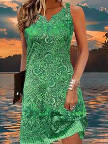 时尚印花连衣裙，优雅百搭，适合休闲、度假、居家、工作、婚礼、派对、海滩、睡衣等多种场合。轻盈舒适，适合户外、室内、旅行、办公穿着，推荐作为睡衣。 - 綠色 - 查看 4