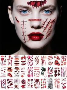 30 张万圣节假疤痕纹身临时、假血、假缝线、假伤口、恐怖脸、吸血鬼僵尸脸纹身化妆贴纸套装适用于恶作剧角色扮演节万圣节派对 - 彩色 - 查看 9