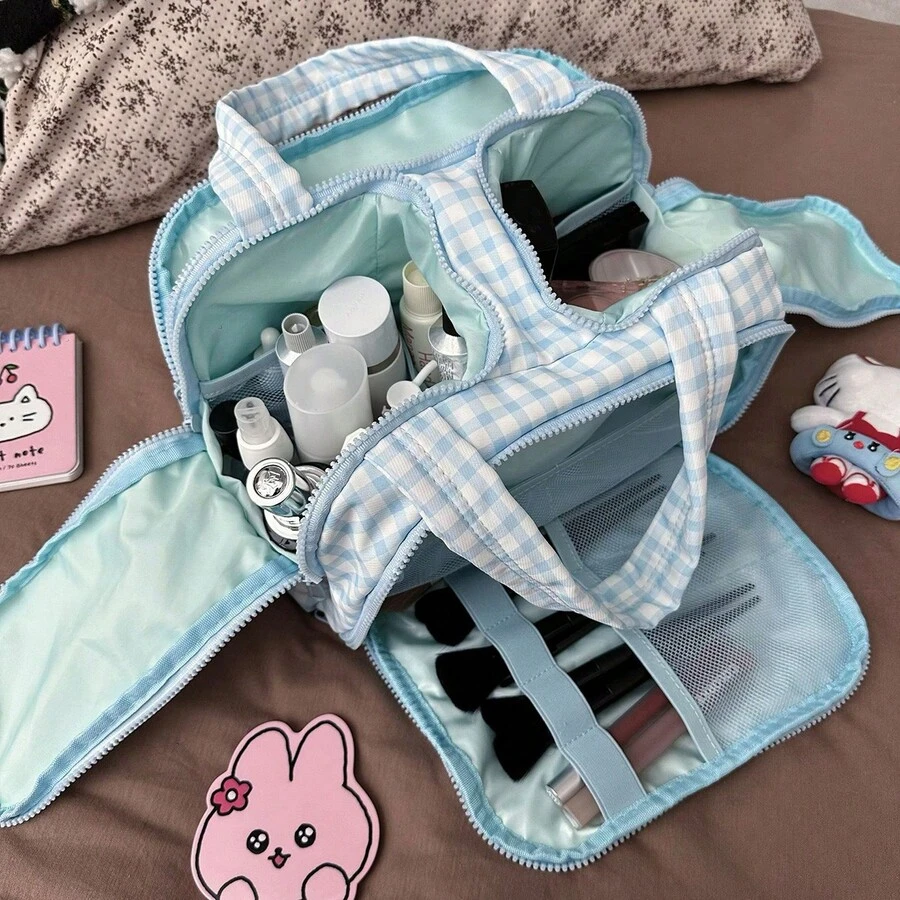 Large Capacity Waterproof Toiletry Bag,Travel Lightweight Large Wide-Open Travel Bag For Women, Puffy Cosmetic Makeup Bag Organizer With Handle For Accessories,Essentials, Toiletries - Xanh và trắng - Xem 1