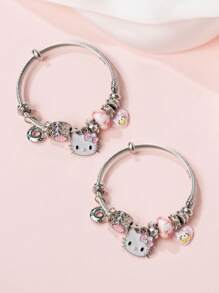 Sanrio Pulsera de Hello Kitty de Sanrio, pulsera plateada con 2 colgantes grandes de la cabeza de Hello Kitty, adecuada para uso diario de la mujer