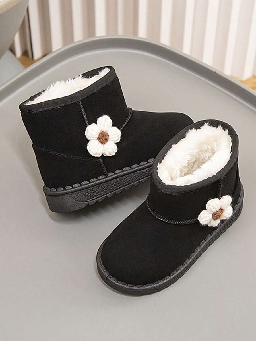 Kids Winter New Floral Snow Boots, Toddler Girls Thick Thermal Lined Warm Shoes, Suitable For Winter Camping And Outdoor Activities (Sole Pattern Random) - Black - View 1