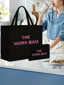 1/2 件黑色“THE WORK BAG”印花托特包 - 大容量，时尚单肩包，适合工作和购物，耐用涤纶，拉链开合，适合女性，多功能手提包 | 极简主义托特包 | 涤纶 - 黑色 - 查看 2