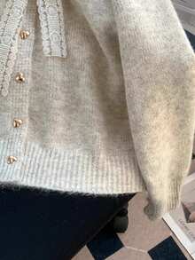 JIANHU Áo len cardigan ren nơ thanh lịch có nút hình trái tim, áo len lãng mạn cho Giáng sinh, năm mới và ngày lễ tình nhân - Màu be - Xem 7