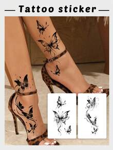 2 件美丽飘逸蝴蝶纹身贴，防水、防汗、不反光、一次性使用，适用于腹部、手腕 - 黑色 - 查看 2