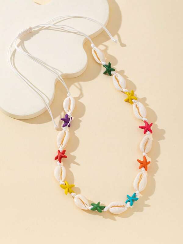 Cross-Border New Style Natural Shell, Turquoise & Starfish Handwoven Necklace, Fashion Versatile