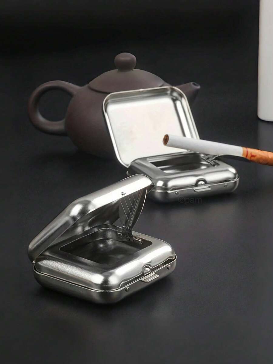 1个迷你金属便携式烟灰缸，户外口袋烟灰缸，创意车载香烟配件[随机尺寸] - 銀色 - 查看 1