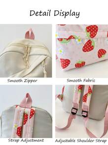 1 Pc New Style Girls' Strawberry Print Fabric Backpack With Adjustable Straps, Zipper Closure, Multifunctional Foldable Design, Perfect For Travel, School, Outdoor Activities, And Holiday Gifts