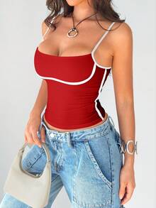 Mystra Women's Fashionable Summer Simple Color Block Camisole - Red - View 2