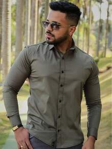 Camisa Social Masculina Slim Fit Azul Caneta Manga Longa Elegante para Trabalho  Primavera / Verão / Outono    Slim Fit    Camisa Masculina - Verde Menta - Visão 2