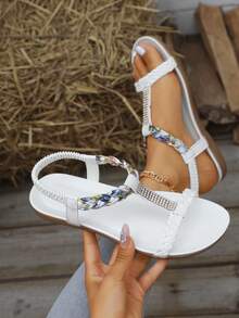 Women's Rhinestone Decorated Strap Flat Sandals, Round Toe PU Leather, Fashion Casual Comfortable Elastic Band, Summer Woven Pattern (Random) - White - View 2