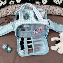 Large Capacity Waterproof Toiletry Bag,Travel Lightweight Large Wide-Open Travel Bag For Women, Puffy Cosmetic Makeup Bag Organizer With Handle For Accessories,Essentials, Toiletries - Xanh và trắng - Xem 5