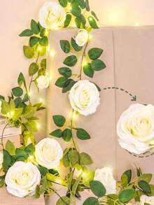 1/2 件人造玫瑰花环，配 2 米 LED 灯串，白玫瑰花环，假花，适用于圣诞节装饰、家居装饰、房间装饰、性别揭示装饰、教室装饰、卧室装饰、婚礼装饰、新娘送礼会、派对装饰、迎婴派对、婚礼、露台装饰