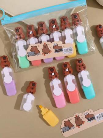 6Pcs Cute Cat's Paw Capybara Mini Fluorescent Pen Macaron Color Painting Highlighter Pen For School Stationery