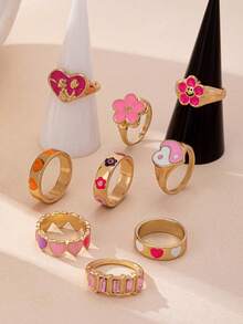 9pcs/Set Enamel Glazed Floral & Star Shaped Rings, Simple Elegant Fashion Accessory Suitable For Gift, Party, Daily Wear - Yellow Gold - View 4